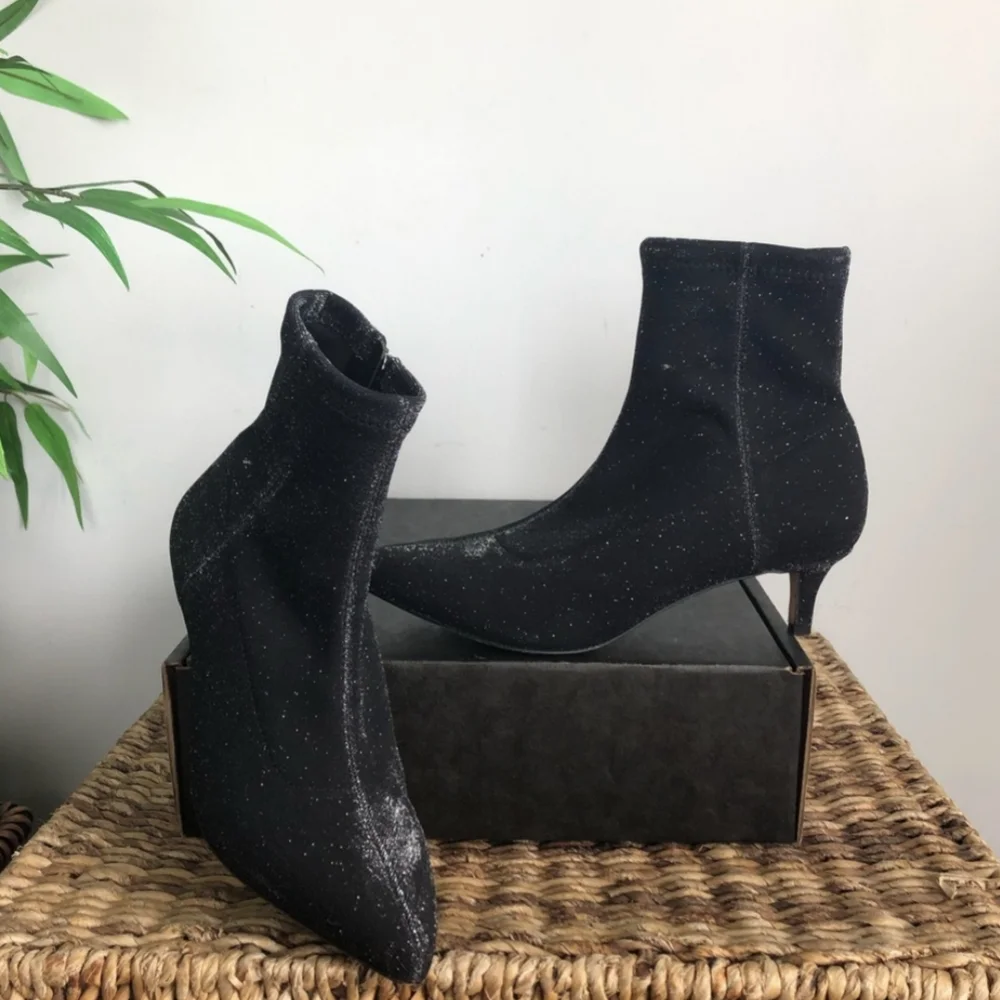Rebecca Minkoff Sayres Black Glitter Kitten Heel Booties 8 - Sparkly Party Boot